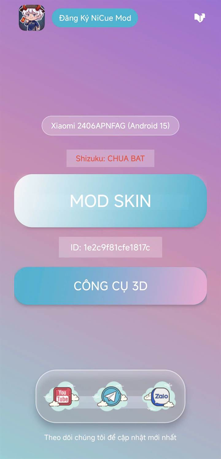 Màn hình chính của NC TOOLS: đăng nhập NiCue Mod, trạng thái Shizuku, nút MOD SKIN và CÔNG CỤ 3D