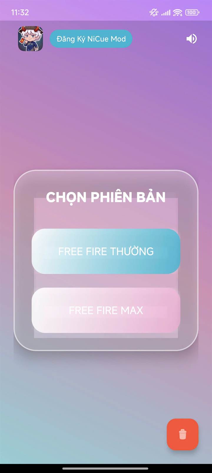Màn hình chọn phiên bản: Free Fire Thường hoặc Free Fire Max