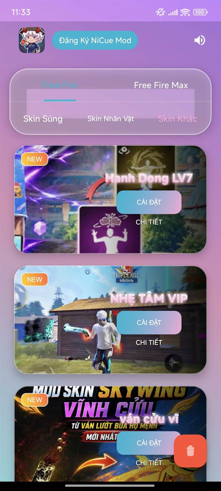 Nhóm skin khác gồm Hạnh Động LV7, Nhẹ Tâm VIP và mod skin Sky Wing