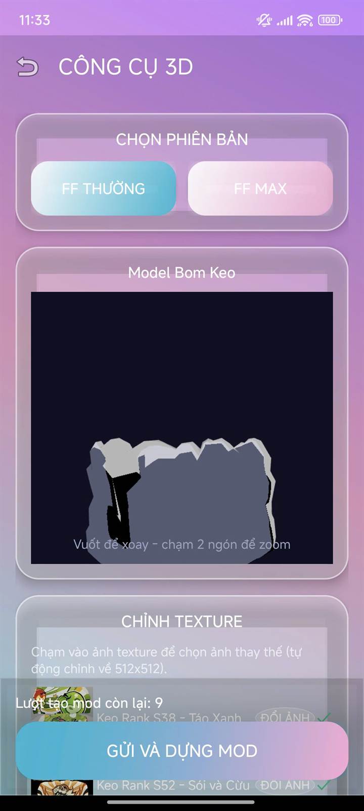 Công cụ 3D: xem model bom keo 3D, chỉnh texture và gửi mod điện thoại